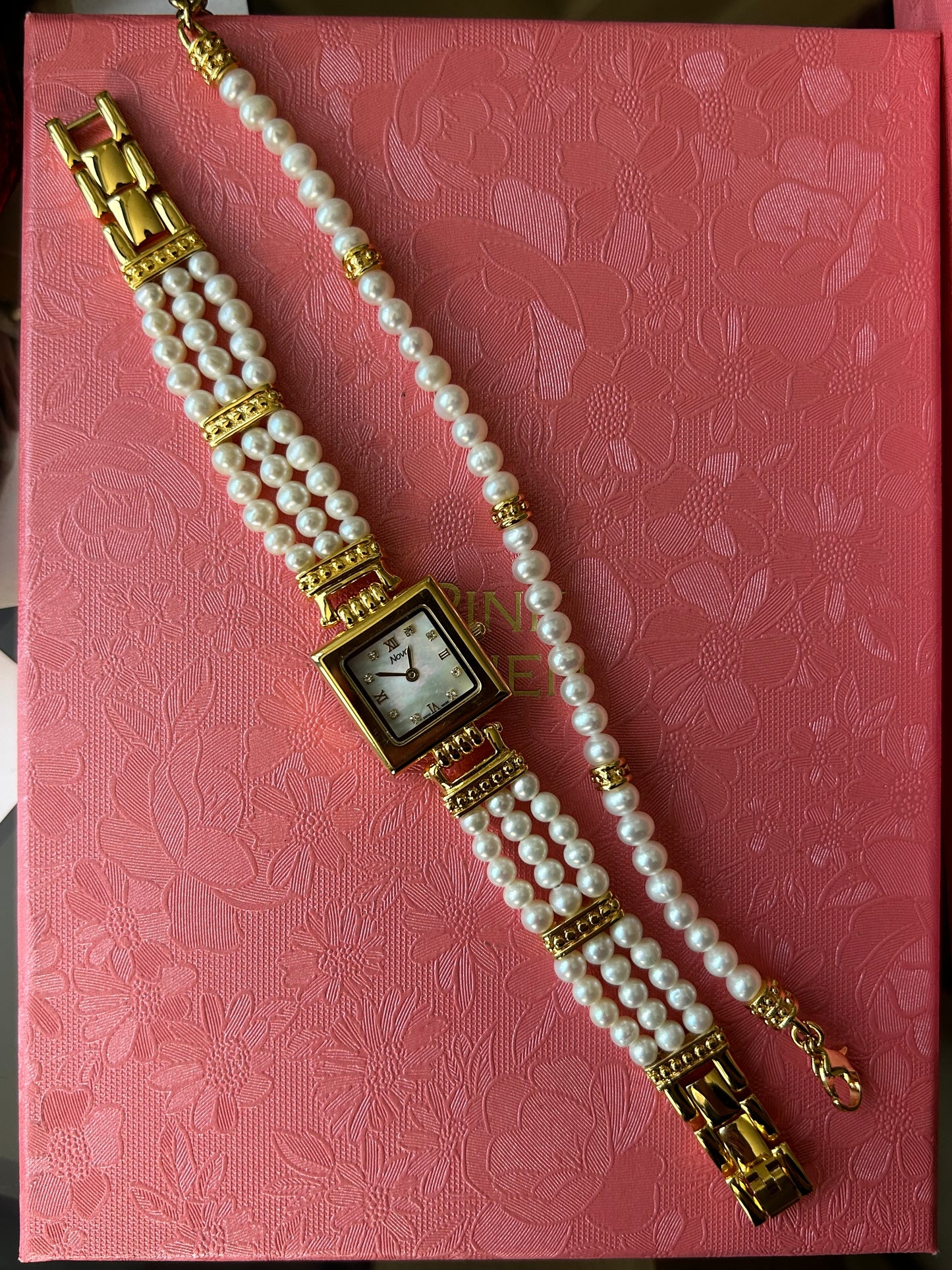 18k gold plated mother of pearls watch+bracelet