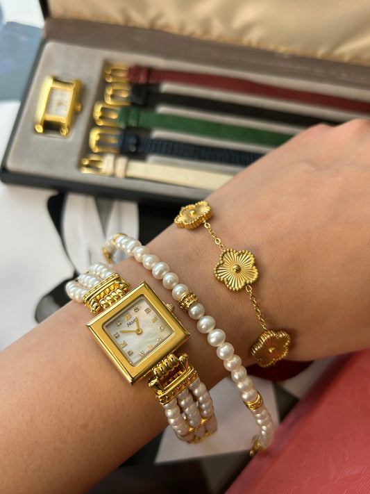 18k gold plated mother of pearls watch+bracelet